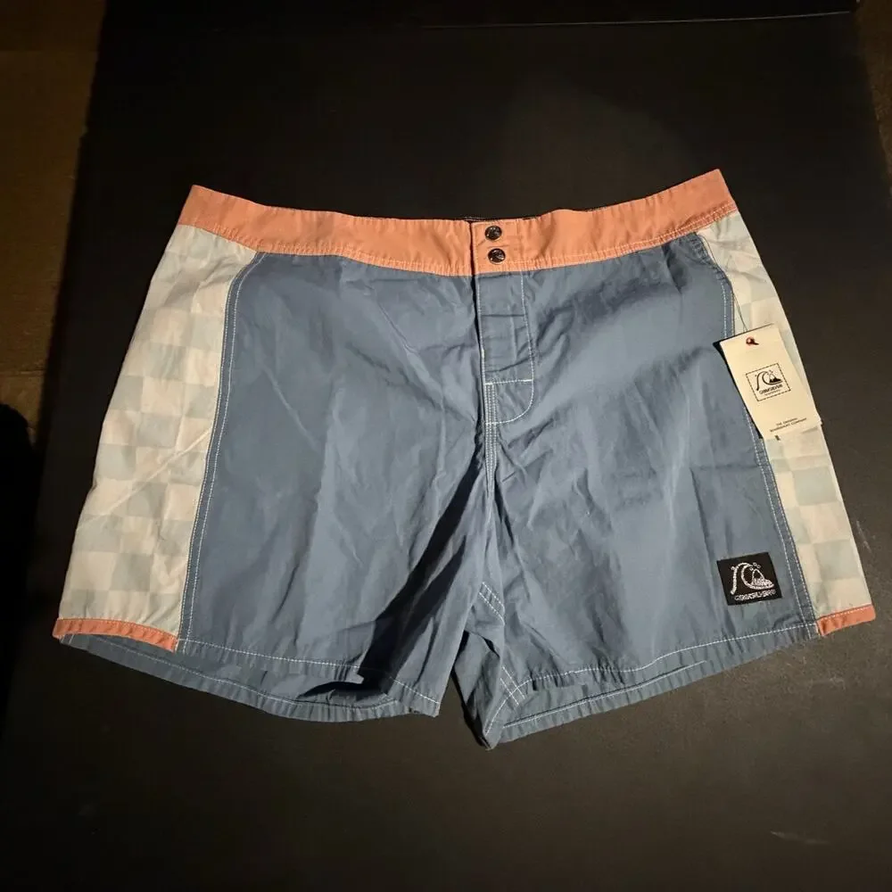 Quiksilver Boardshorts Mens 38 Blue Colorblock Checkered Surf Swim Trunks NWT